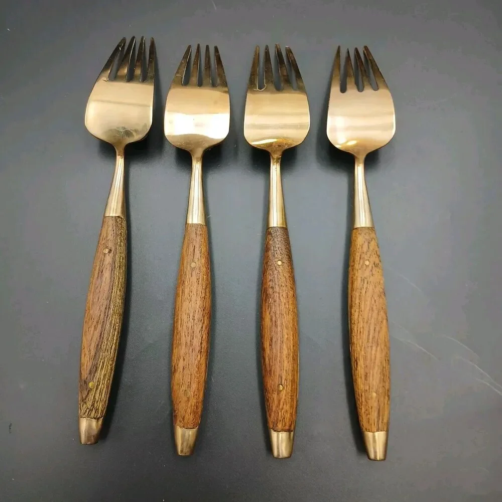 Antique Rosewood Bronze and Wood Set of 4 Salad Fork Thailand Rare